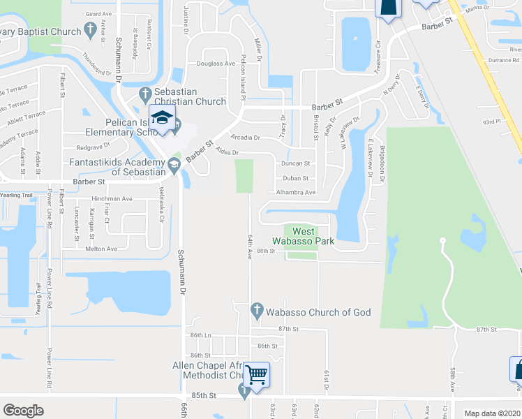 map of restaurants, bars, coffee shops, grocery stores, and more near 1080 West Lakeview Drive in Sebastian