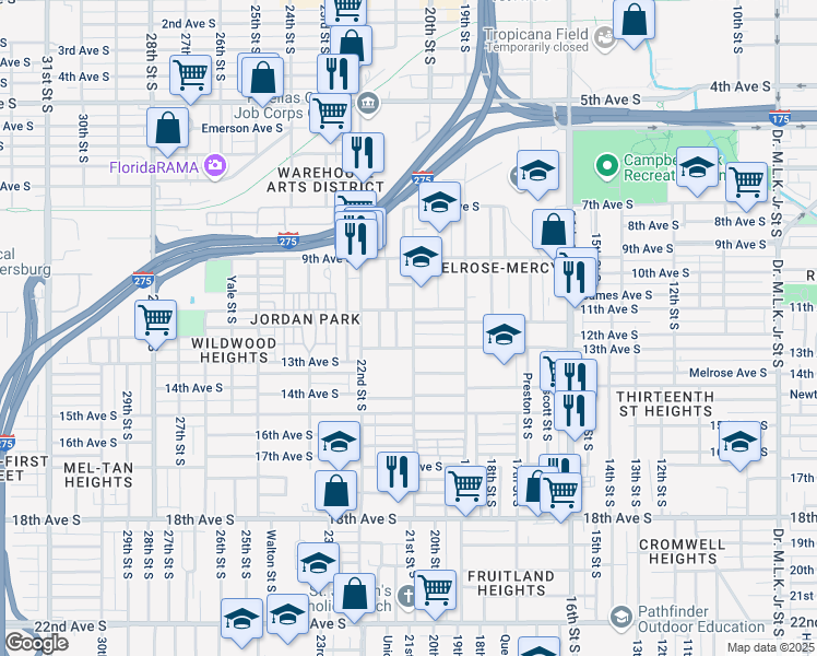 map of restaurants, bars, coffee shops, grocery stores, and more near 2022 11th Avenue South in St. Petersburg