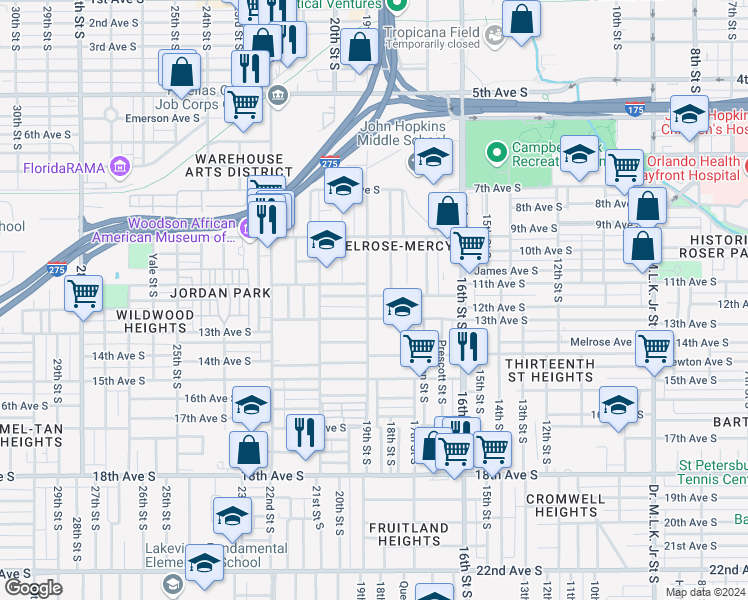 map of restaurants, bars, coffee shops, grocery stores, and more near 1844 12th Avenue South in St. Petersburg