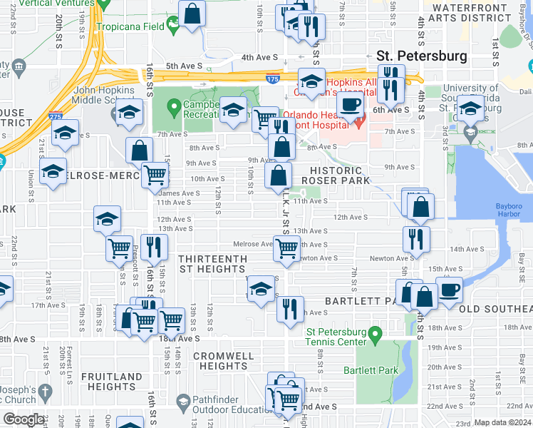 map of restaurants, bars, coffee shops, grocery stores, and more near 986 11th Avenue South in St. Petersburg