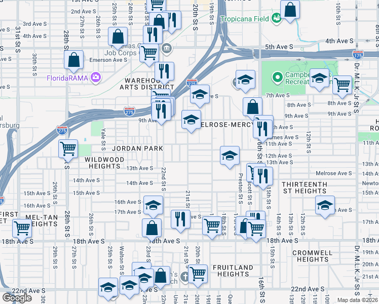map of restaurants, bars, coffee shops, grocery stores, and more near 2022 11th Avenue South in St. Petersburg