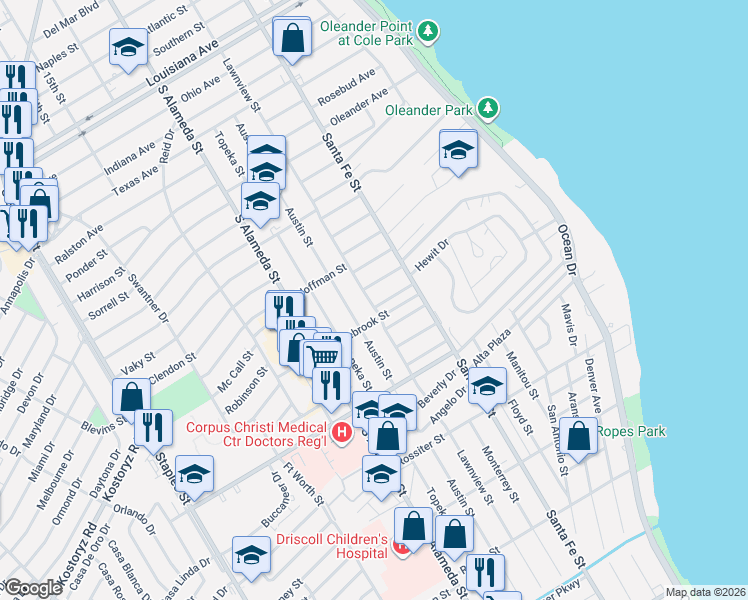 map of restaurants, bars, coffee shops, grocery stores, and more near 325 Foster Drive in Corpus Christi
