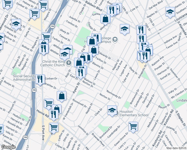 map of restaurants, bars, coffee shops, grocery stores, and more near 125 Richard Street in Corpus Christi
