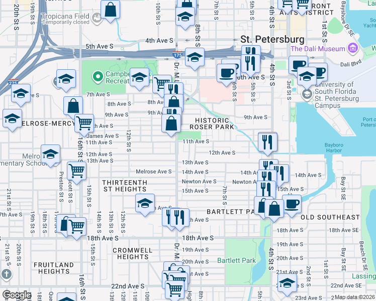 map of restaurants, bars, coffee shops, grocery stores, and more near 1118 Highland Street South in St. Petersburg