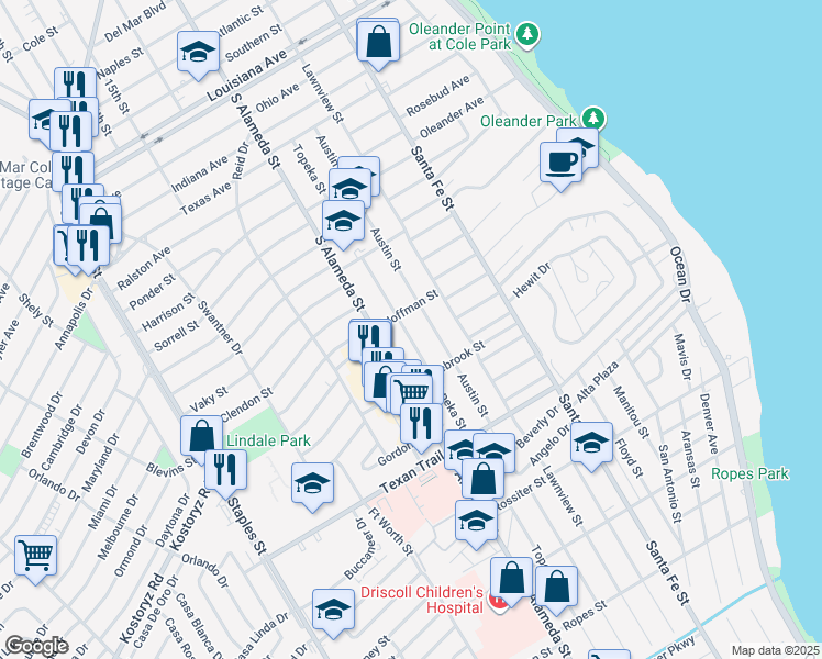 map of restaurants, bars, coffee shops, grocery stores, and more near 3114 Topeka Street in Corpus Christi