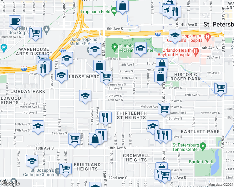 map of restaurants, bars, coffee shops, grocery stores, and more near 1190 14th Street South in St. Petersburg