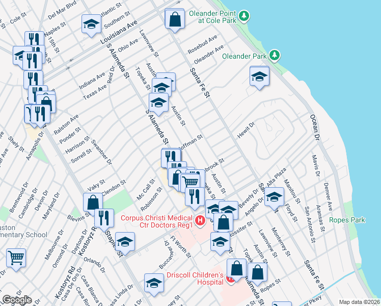 map of restaurants, bars, coffee shops, grocery stores, and more near 3101 Topeka Street in Corpus Christi