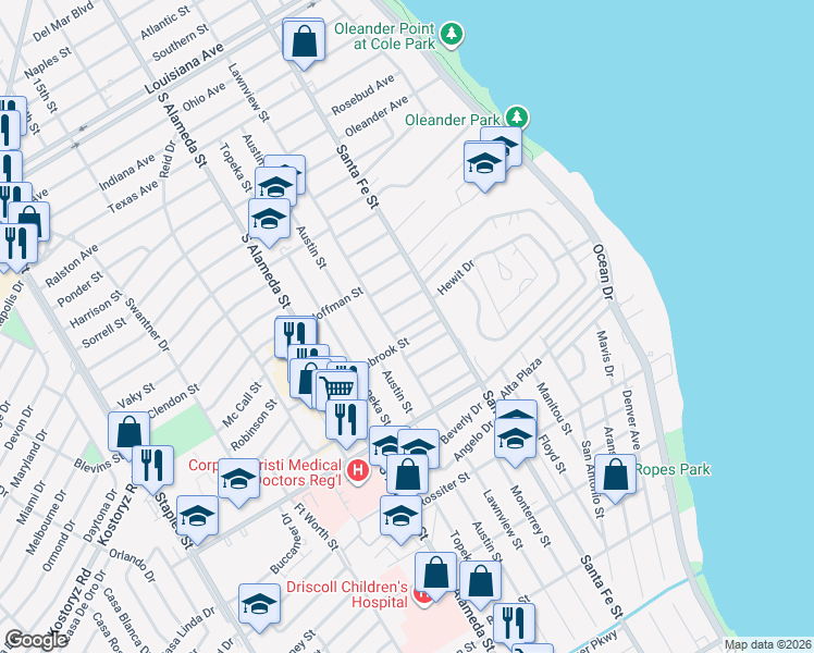 map of restaurants, bars, coffee shops, grocery stores, and more near 325 Foster Drive in Corpus Christi