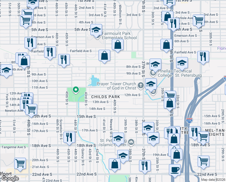map of restaurants, bars, coffee shops, grocery stores, and more near 1101 40th Street South in St. Petersburg