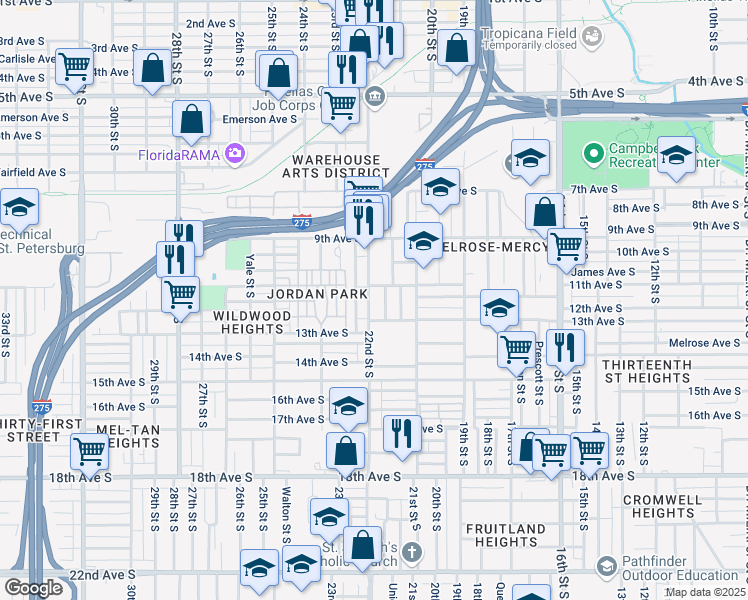 map of restaurants, bars, coffee shops, grocery stores, and more near 1121 22nd Street South in St. Petersburg