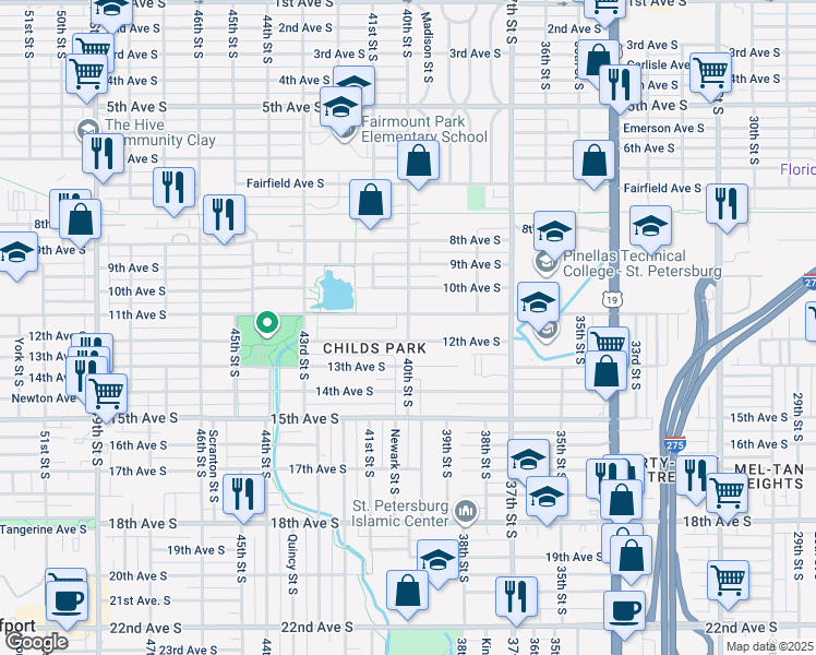 map of restaurants, bars, coffee shops, grocery stores, and more near 1101 40th Street South in St. Petersburg