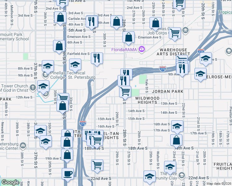 map of restaurants, bars, coffee shops, grocery stores, and more near 1100 29th Street South in St. Petersburg