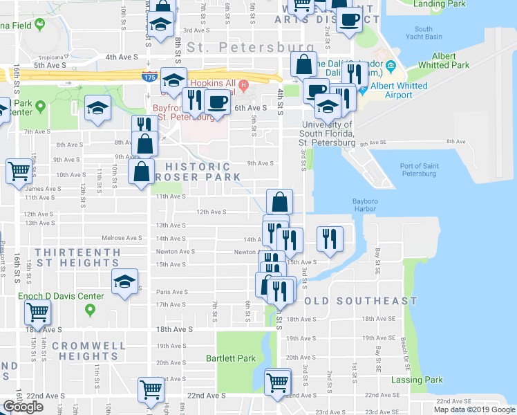 map of restaurants, bars, coffee shops, grocery stores, and more near 507 12th Avenue South in St. Petersburg