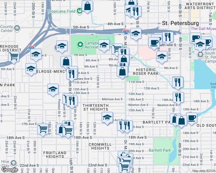 map of restaurants, bars, coffee shops, grocery stores, and more near 986 11th Avenue South in St. Petersburg