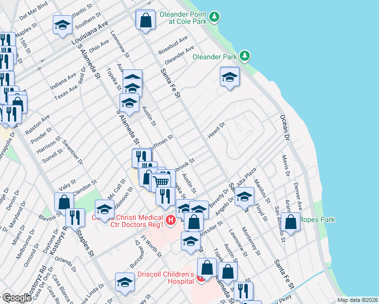 map of restaurants, bars, coffee shops, grocery stores, and more near 325 Foster Drive in Corpus Christi