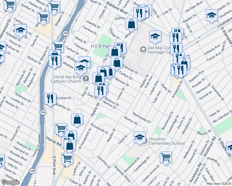 map of restaurants, bars, coffee shops, grocery stores, and more near 125 Richard Street in Corpus Christi