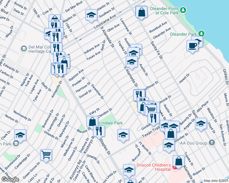 map of restaurants, bars, coffee shops, grocery stores, and more near 614 Vaky Street in Corpus Christi