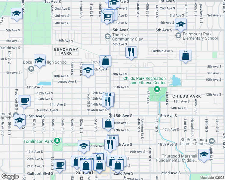map of restaurants, bars, coffee shops, grocery stores, and more near 1100 49th Street South in Gulfport