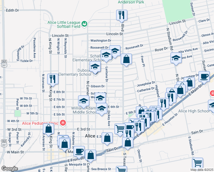 map of restaurants, bars, coffee shops, grocery stores, and more near 1000 Lantana Drive in Alice