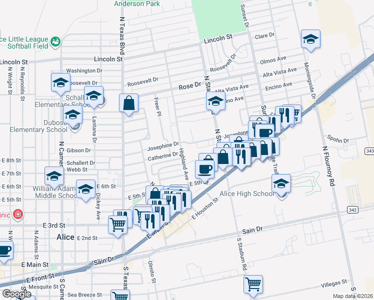 map of restaurants, bars, coffee shops, grocery stores, and more near 1300 Josephine Drive in Alice