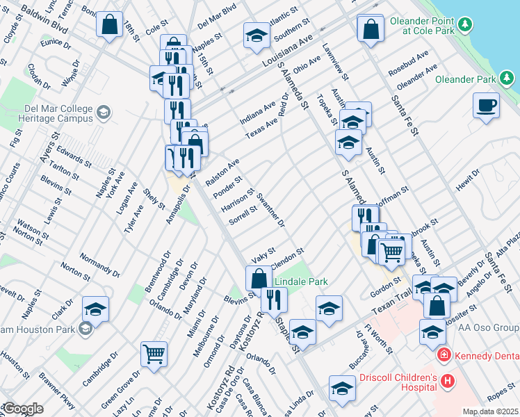 map of restaurants, bars, coffee shops, grocery stores, and more near 1005 Sorrell Street in Corpus Christi