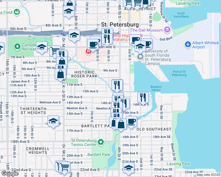 map of restaurants, bars, coffee shops, grocery stores, and more near 507 12th Avenue South in St. Petersburg