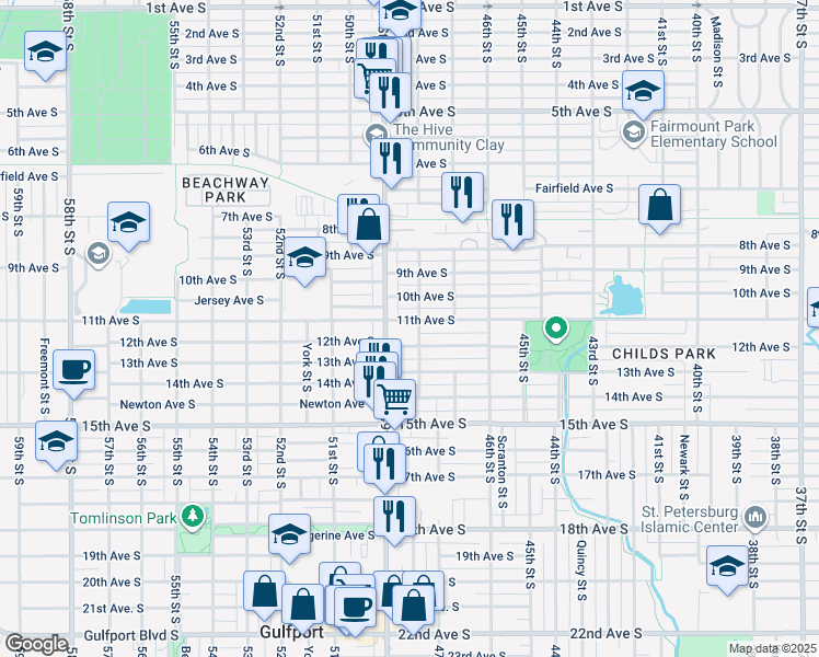 map of restaurants, bars, coffee shops, grocery stores, and more near 1100 49th Street South in Gulfport