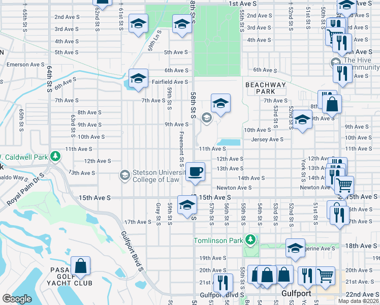 map of restaurants, bars, coffee shops, grocery stores, and more near 5818 11th Avenue South in Gulfport