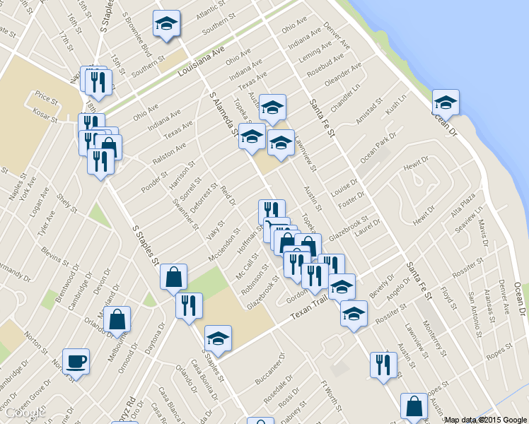 map of restaurants, bars, coffee shops, grocery stores, and more near in Corpus Christi