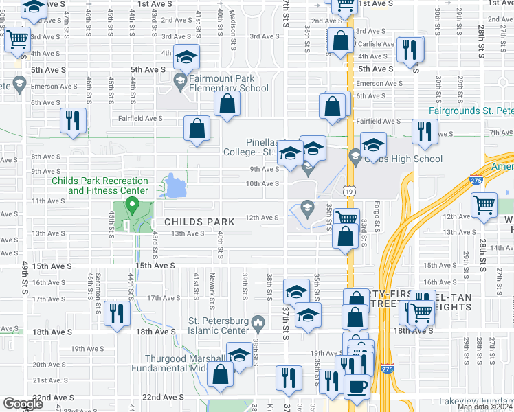map of restaurants, bars, coffee shops, grocery stores, and more near 3850 11th Avenue South in St. Petersburg