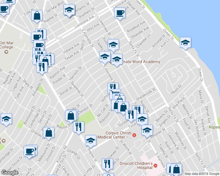 map of restaurants, bars, coffee shops, grocery stores, and more near 517 Mcclendon Street in Corpus Christi