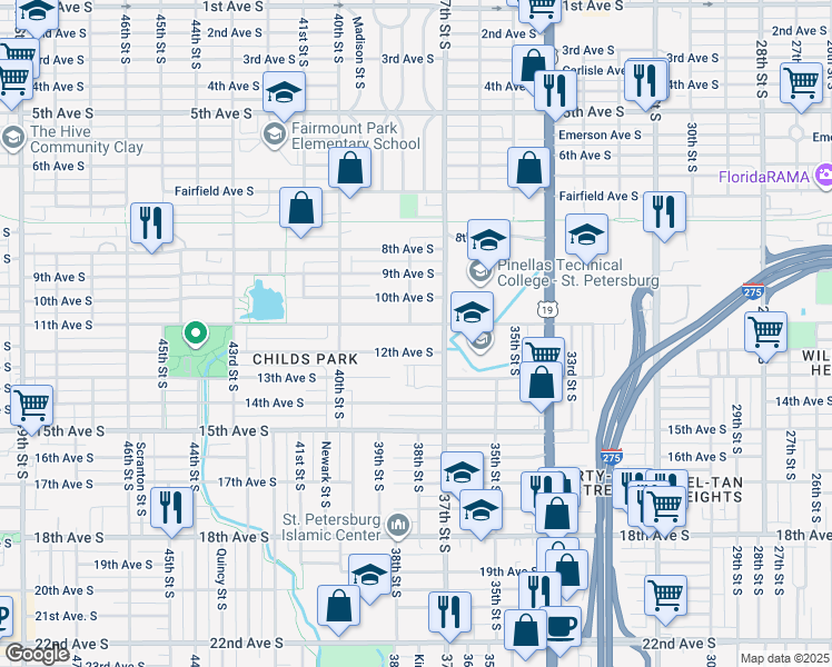 map of restaurants, bars, coffee shops, grocery stores, and more near 3800 11th Ave S in St Petersburg