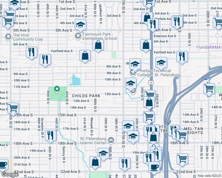 map of restaurants, bars, coffee shops, grocery stores, and more near 3922 11th Avenue South in St. Petersburg