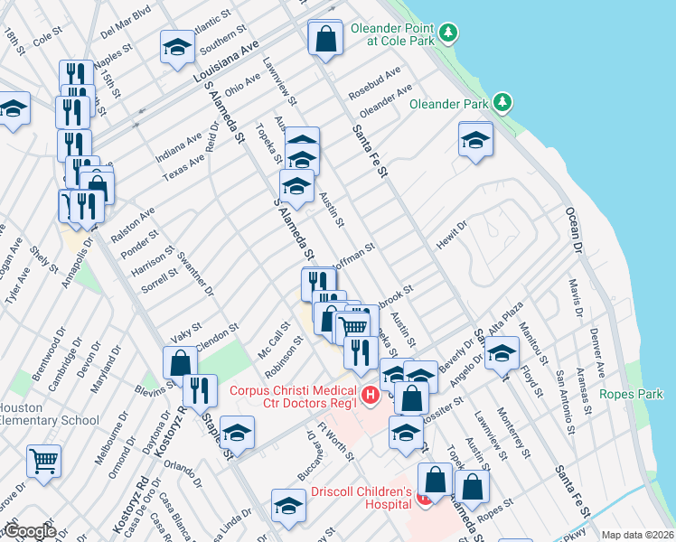 map of restaurants, bars, coffee shops, grocery stores, and more near 3101 Topeka St in Corpus Christi