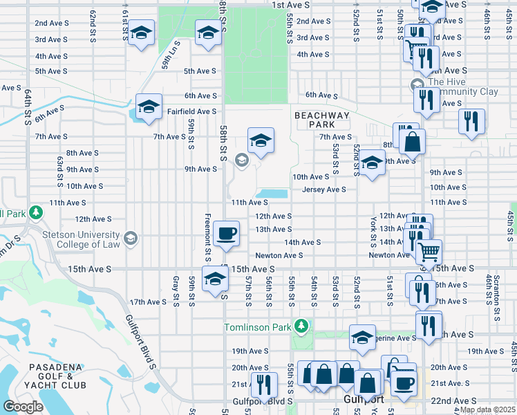 map of restaurants, bars, coffee shops, grocery stores, and more near 5614 11th Avenue South in Gulfport