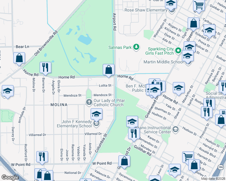 map of restaurants, bars, coffee shops, grocery stores, and more near 4217 Columbia Street in Corpus Christi