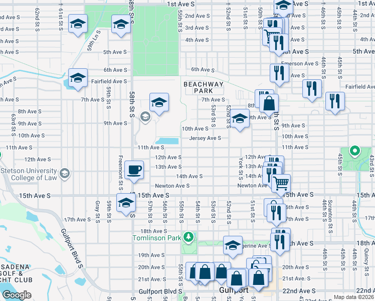 map of restaurants, bars, coffee shops, grocery stores, and more near 5410 11th Avenue South in Gulfport