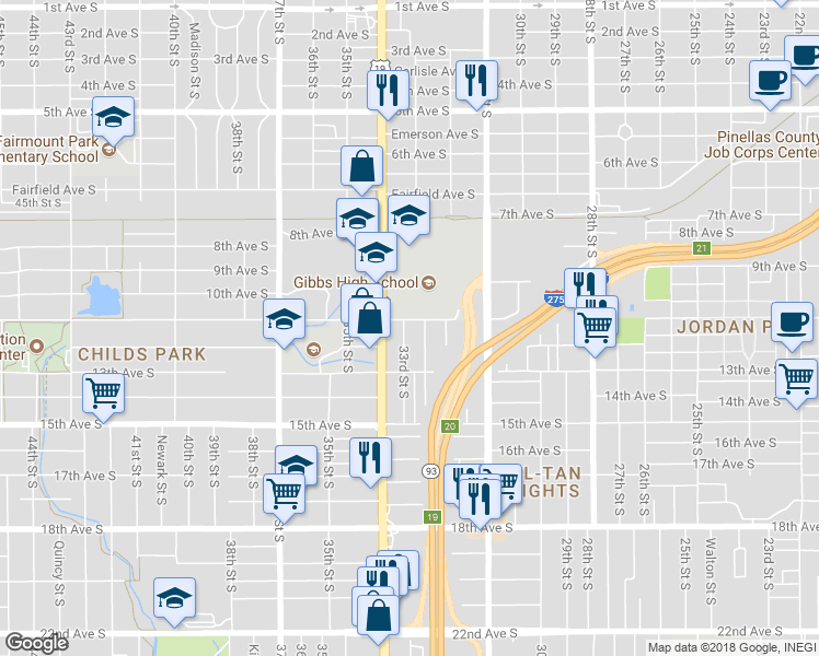 map of restaurants, bars, coffee shops, grocery stores, and more near 1110 33rd Street South in Saint Petersburg