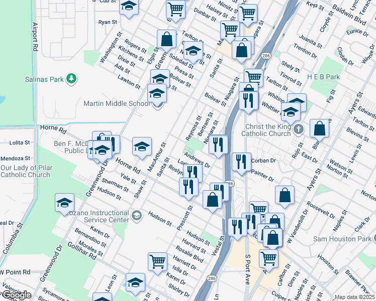 map of restaurants, bars, coffee shops, grocery stores, and more near 3902 Reynosa Street in Corpus Christi