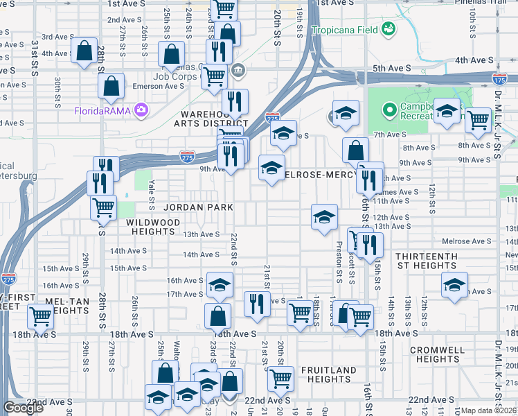 map of restaurants, bars, coffee shops, grocery stores, and more near 1116 Upton Court South in St. Petersburg