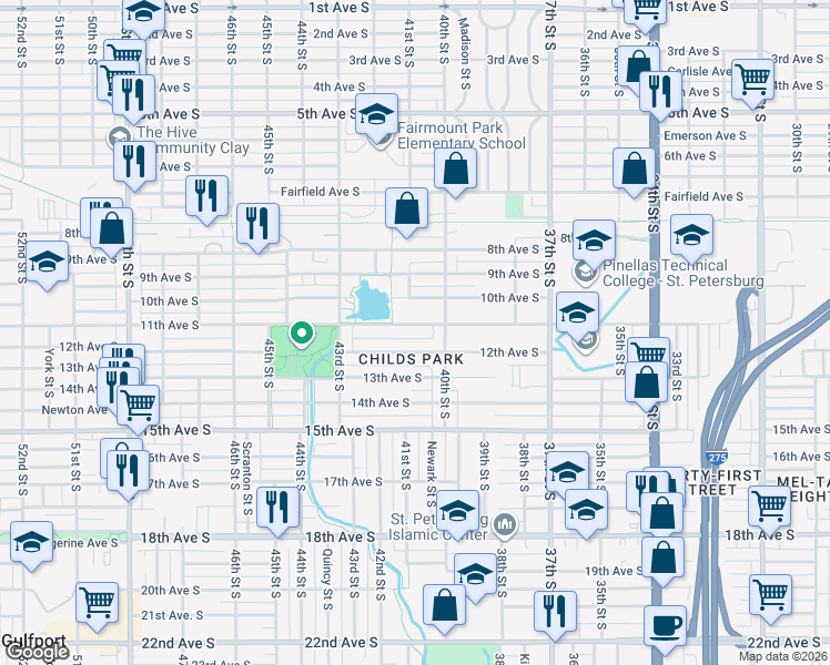 map of restaurants, bars, coffee shops, grocery stores, and more near 4102 11th Avenue South in St. Petersburg