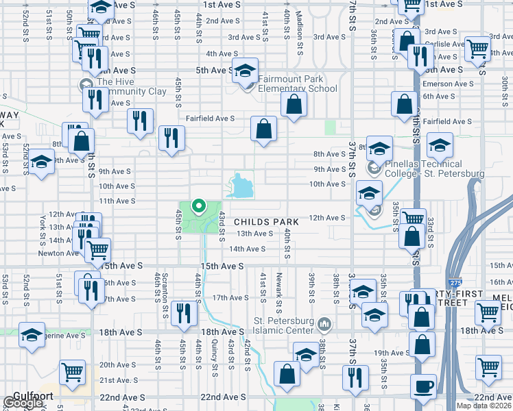 map of restaurants, bars, coffee shops, grocery stores, and more near 4102 11th Avenue South in St. Petersburg