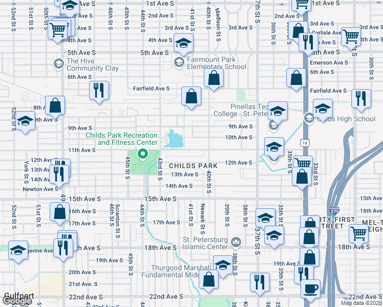 map of restaurants, bars, coffee shops, grocery stores, and more near 4102 11th Avenue South in St. Petersburg