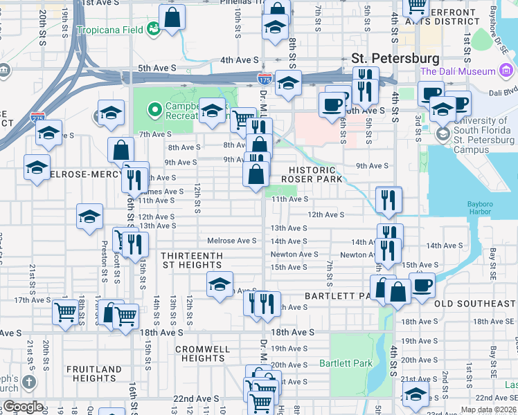 map of restaurants, bars, coffee shops, grocery stores, and more near 1121 Doctor Martin Luther King Junior Street South in St. Petersburg