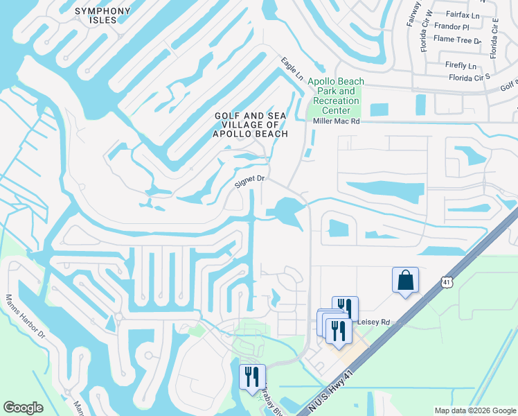 map of restaurants, bars, coffee shops, grocery stores, and more near 836 Signet Drive in Apollo Beach