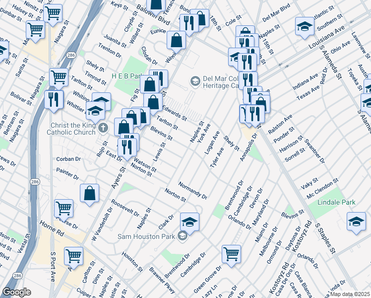 map of restaurants, bars, coffee shops, grocery stores, and more near 247 Blevins Street in Corpus Christi