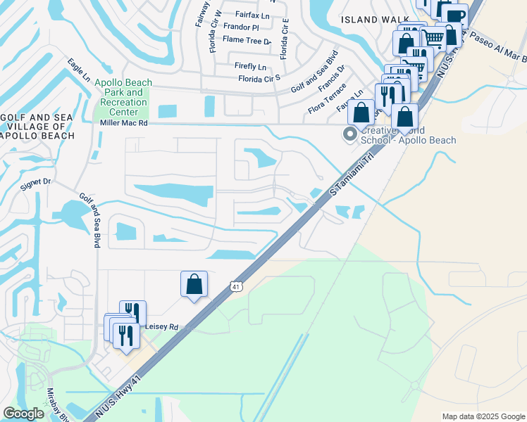 map of restaurants, bars, coffee shops, grocery stores, and more near 192 Shell Falls Drive in Apollo Beach