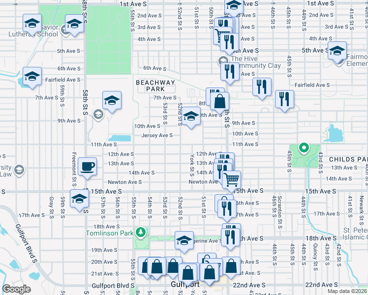 map of restaurants, bars, coffee shops, grocery stores, and more near 5202 11th Avenue South in Gulfport