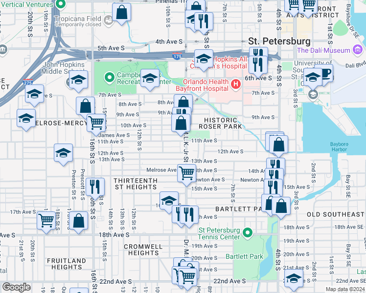 map of restaurants, bars, coffee shops, grocery stores, and more near 1121 Doctor Martin Luther King Junior Street South in St. Petersburg