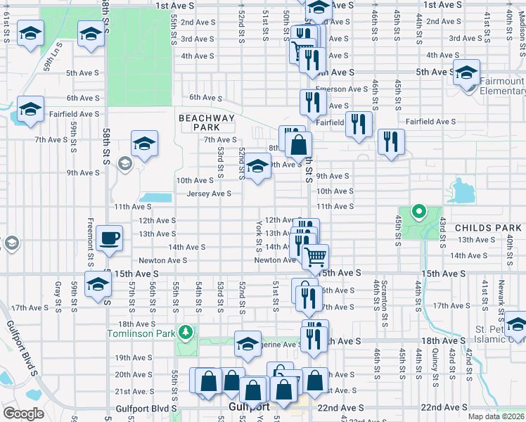 map of restaurants, bars, coffee shops, grocery stores, and more near 5122 11th Ave S in Gulfport